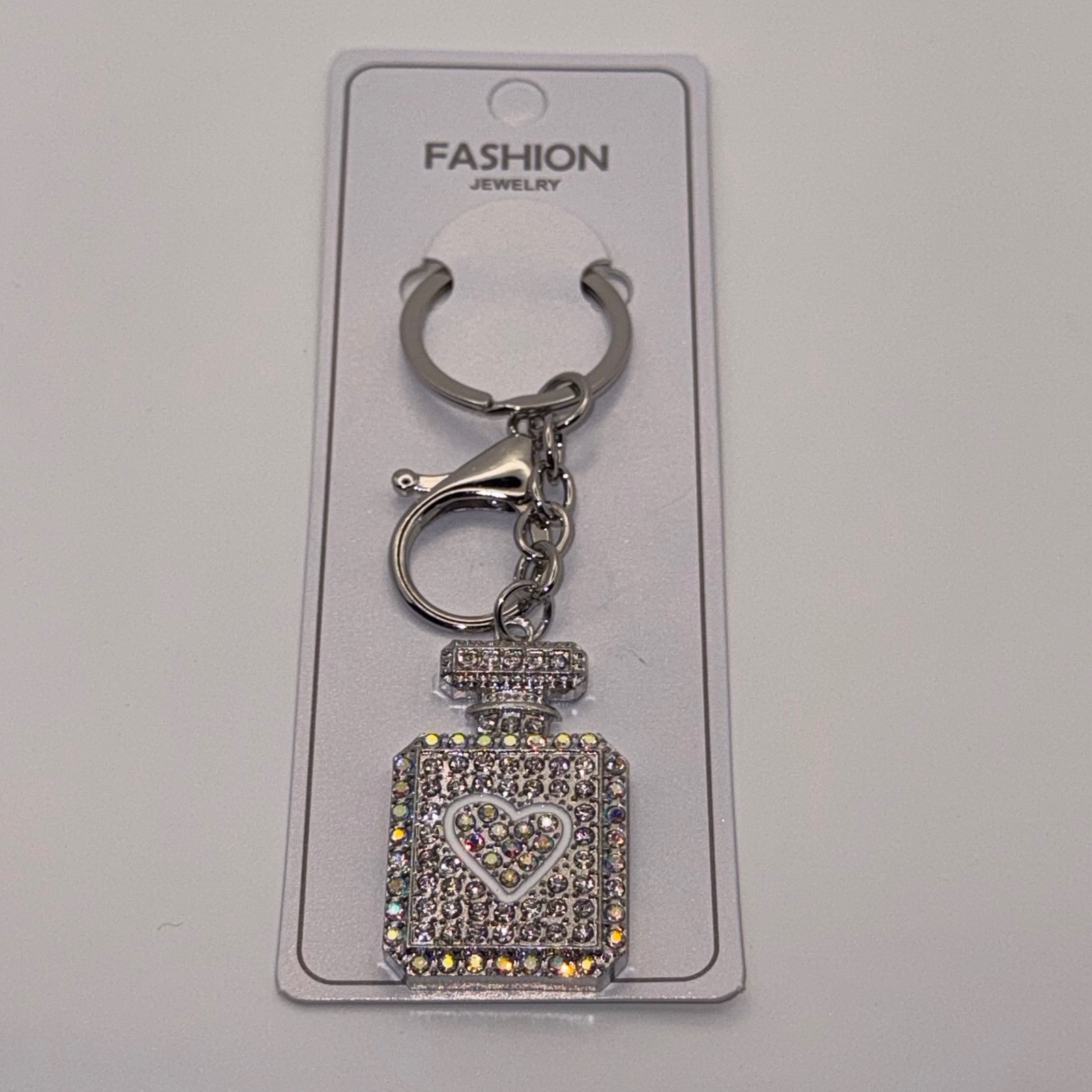 Sparkling Rhinestone Perfume Bottle Keychain Heart Charm Silver Tone Fashion